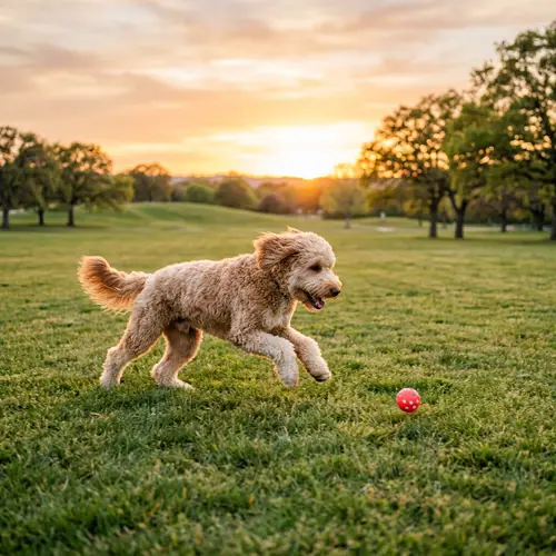 Energetic Domestic Dog Playing in Green Park at Sunset