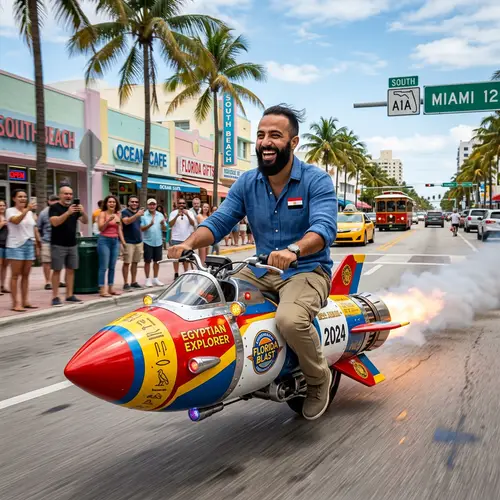 Adventure in Florida: Egyptian Man Riding Rocket Through Sunlit Streets