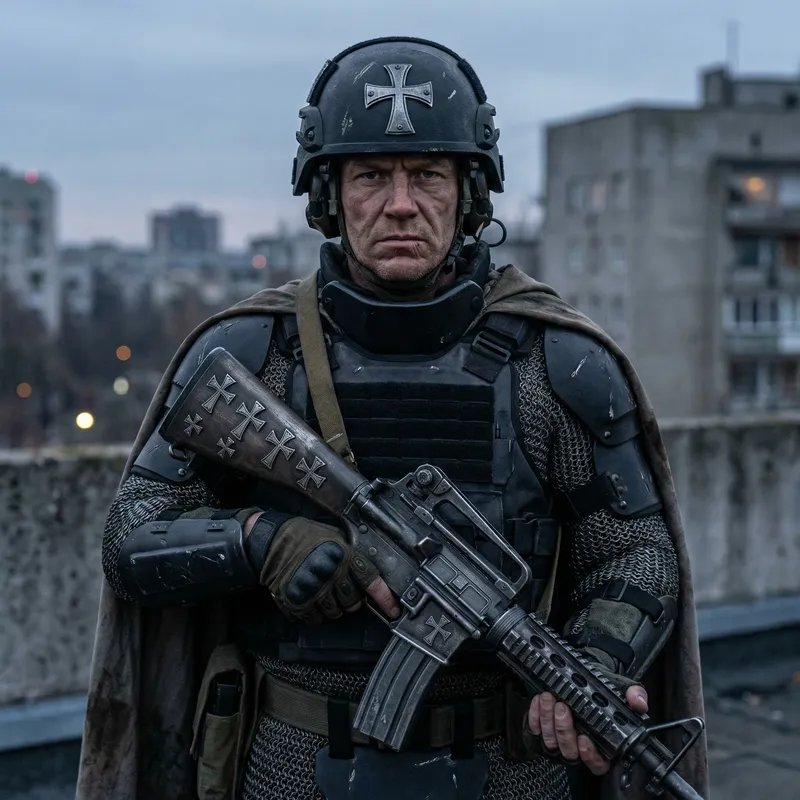 Modern Holy Crusader with Cross-Embellished Gun