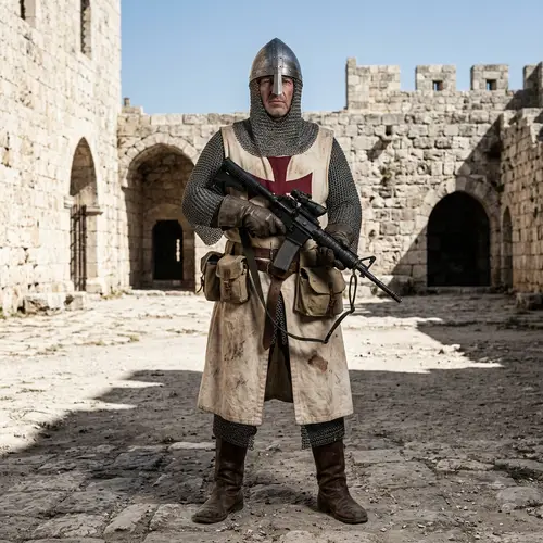 Medieval Crusader with Modern Firearm - Iconic Representation