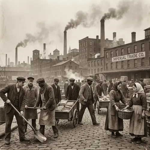 Diverse Workers Labouring in 19th-Century Industrial City