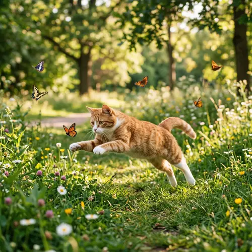 Playful Cat Chasing Butterflies in Sunlit Park