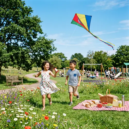 Joyful Kids Playing in Colorful Park with Picnic