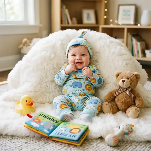 Adorable Baby in Colorful Outfit on Cloud-like Blanket