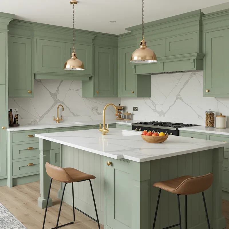 Sage Green Shaker Kitchen Design with Brass Accents