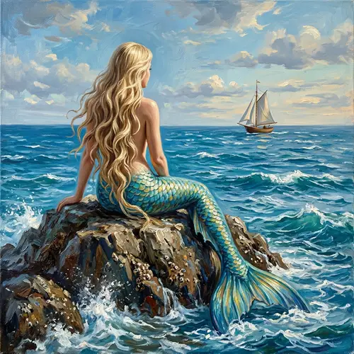 Beautiful Mermaid Oil Painting on Jagged Rock in Azure Sea