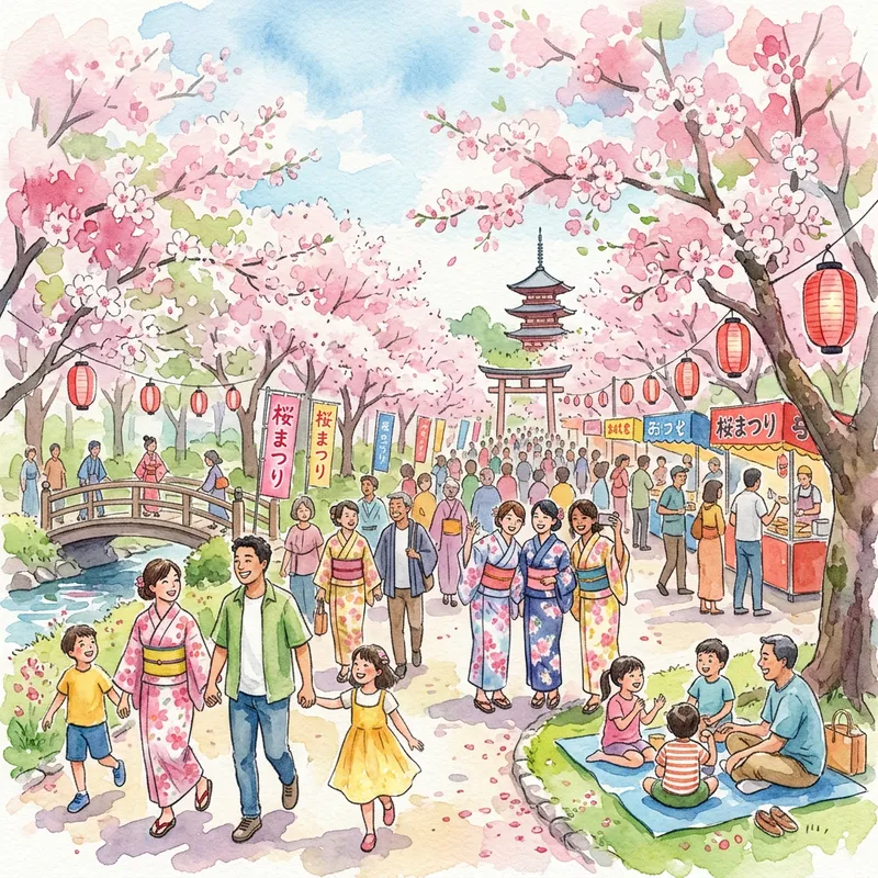 Vibrant Cherry Blossom Festival Watercolor Art