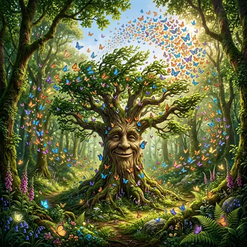 Whimsical Animated Tree with Butterflies in Forest