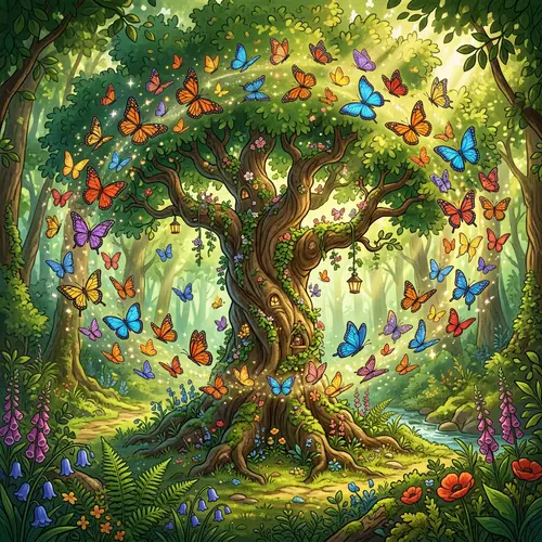 Magical Animated Tree with Butterflies in Forest