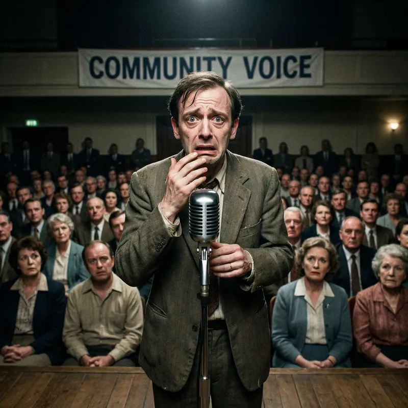 Nervous Speaker Stands Before Huge Microphone