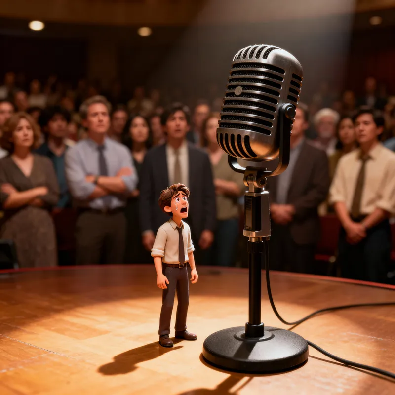 Nervous Speaker Stands Before Huge Microphone