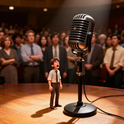 Nervous Speaker Stands Before Huge Microphone