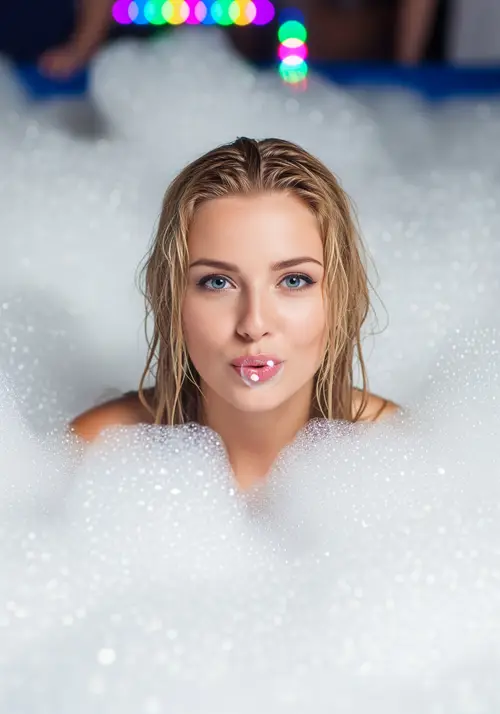 Stunning Blonde in Foam Party Photoshoot