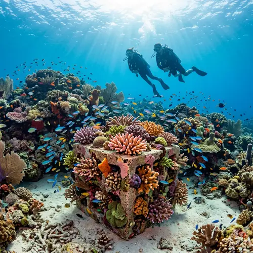 Thriving Artificial Coral Block & Underwater Life