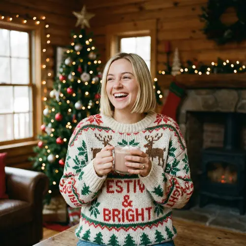 Festive Blonde Woman in Cozy Christmas Sweater | Holiday Cheer