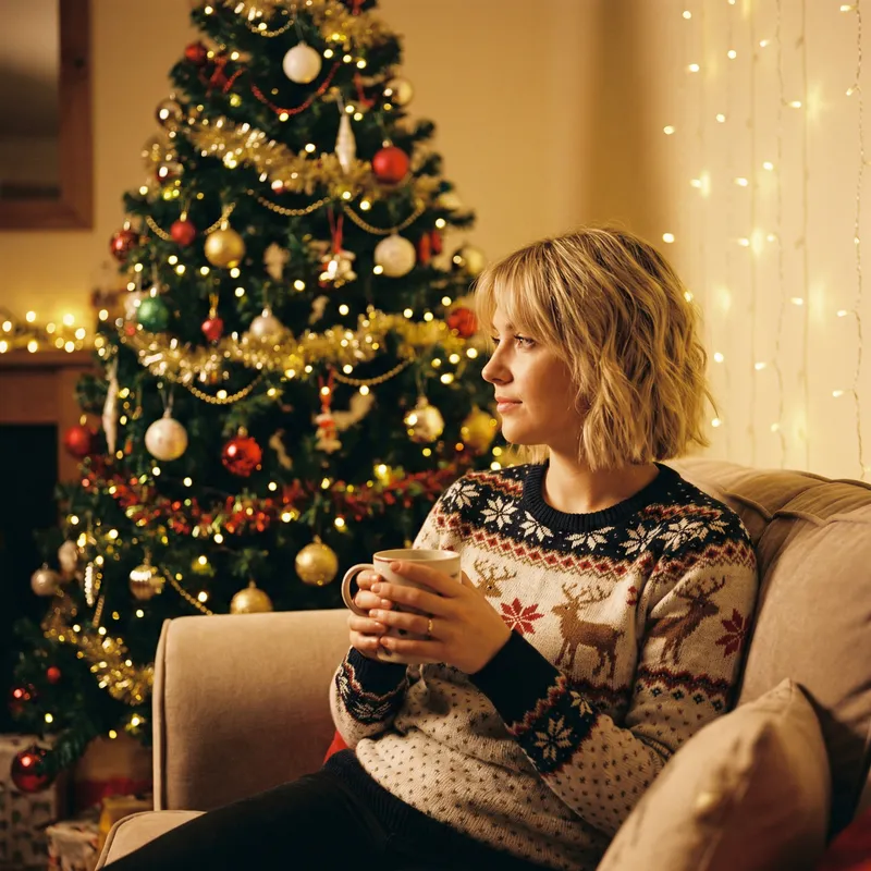 Blonde Bob Haircut | Festive Christmas Sweater & Decor