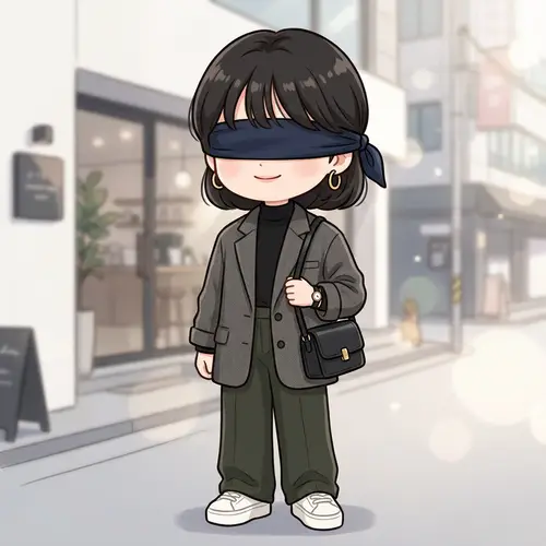 Chibi-Style Blindfolded East Asian Figure in Modern Attire