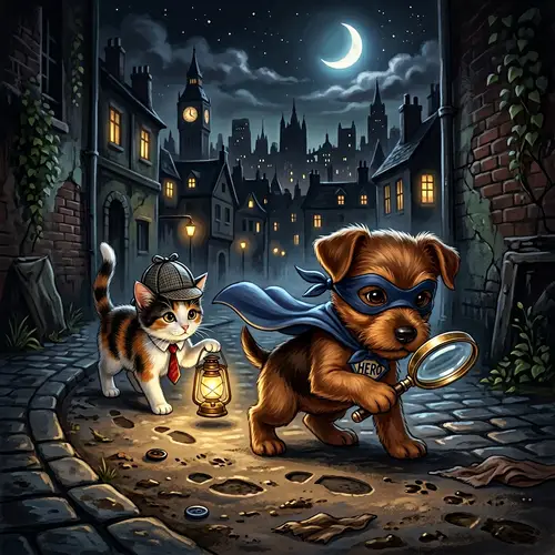Adorable Puppy and Kitten Detectives Solve Mystery in Moonlit City
