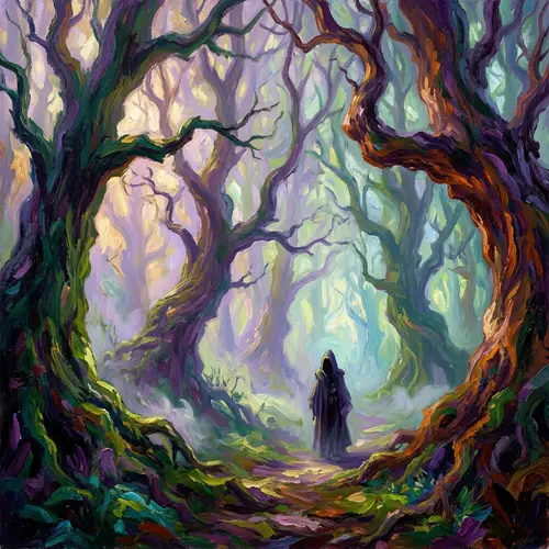 Mysterious Figure in Foggy Forest - Impressionistic Art