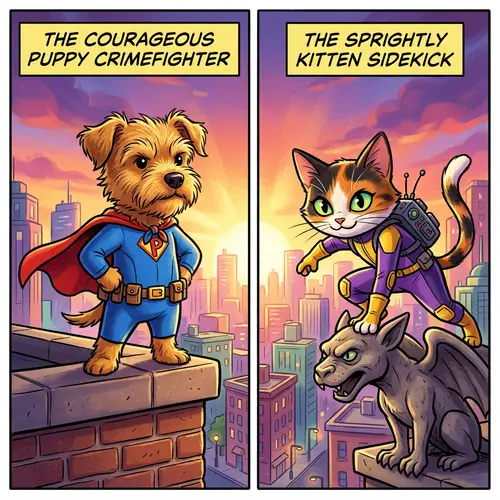 Courageous Puppy and Sprightly Kitten Heroes in Vibrant Landscape