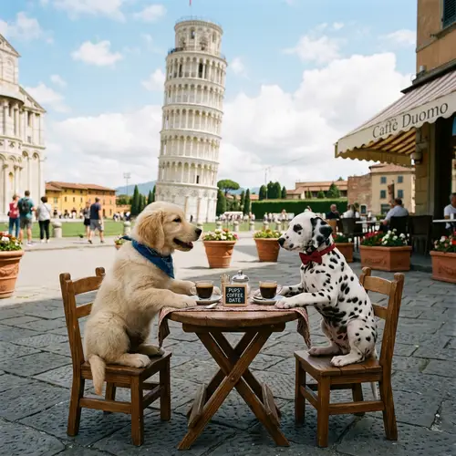 Whimsical Coffee Date of Golden Retriever and Dalmatian Puppies