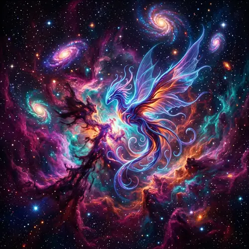 Otherworldly Creature Unfolding from Color-Saturated Nebula