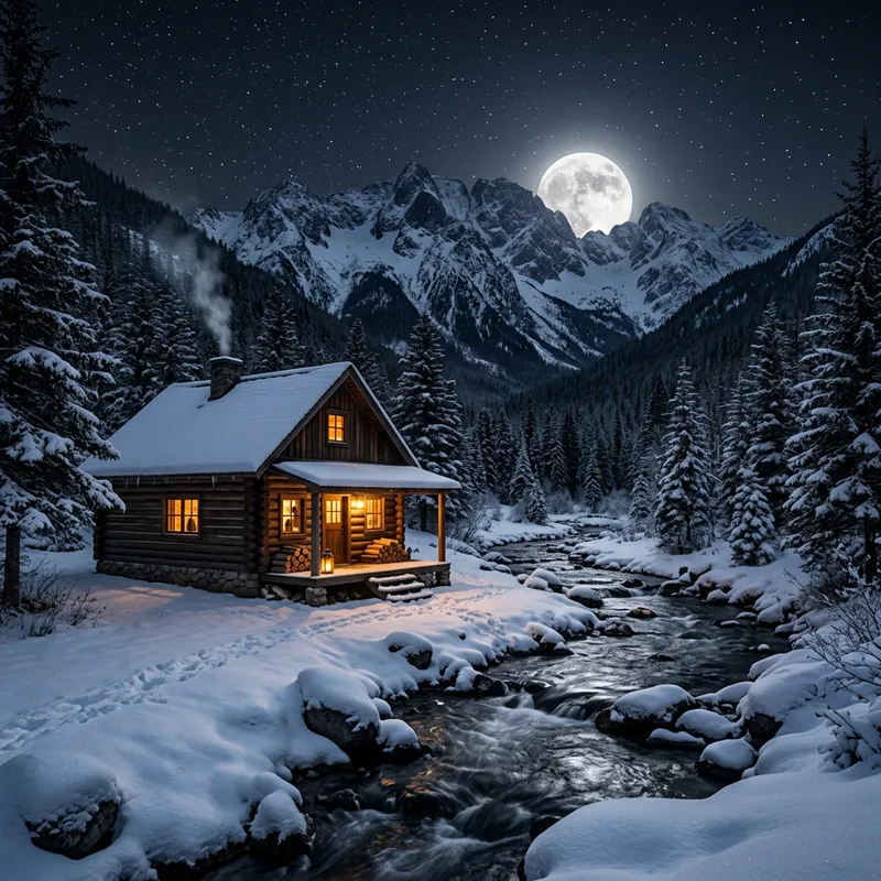 Cozy Log Cabin by Stream with Moonlit Mountain View Cozy Log Cabin by Stream with Moonlit Mountain View