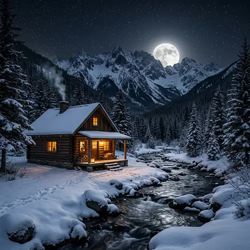 Cozy Log Cabin by Mountain Stream in Winter Night