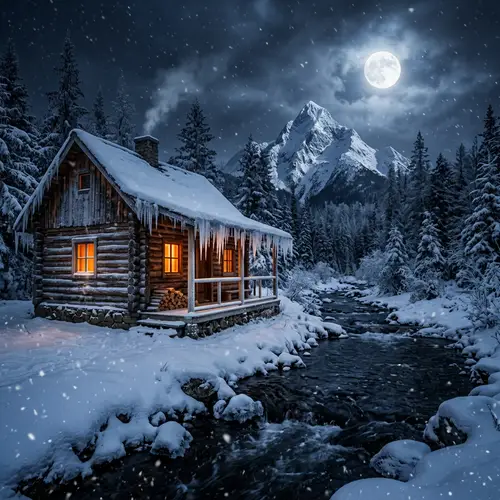 Rustic Log Cabin in Winter Storm | Creek View & Mountain Peak