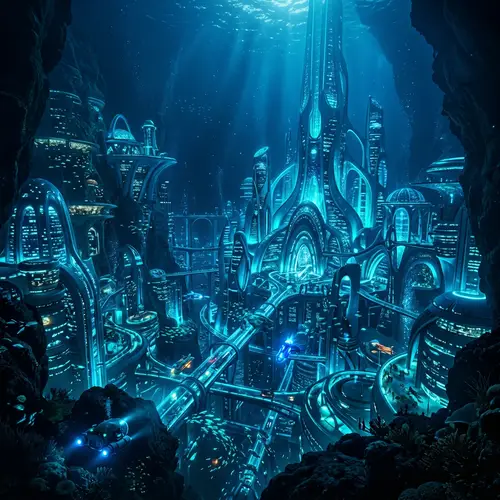 Majestic Underwater City: Architectural Awe in Blue & Turquoise