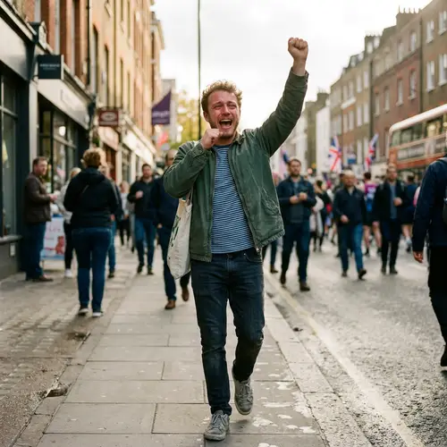 Man Walking and Cheering with Emotion