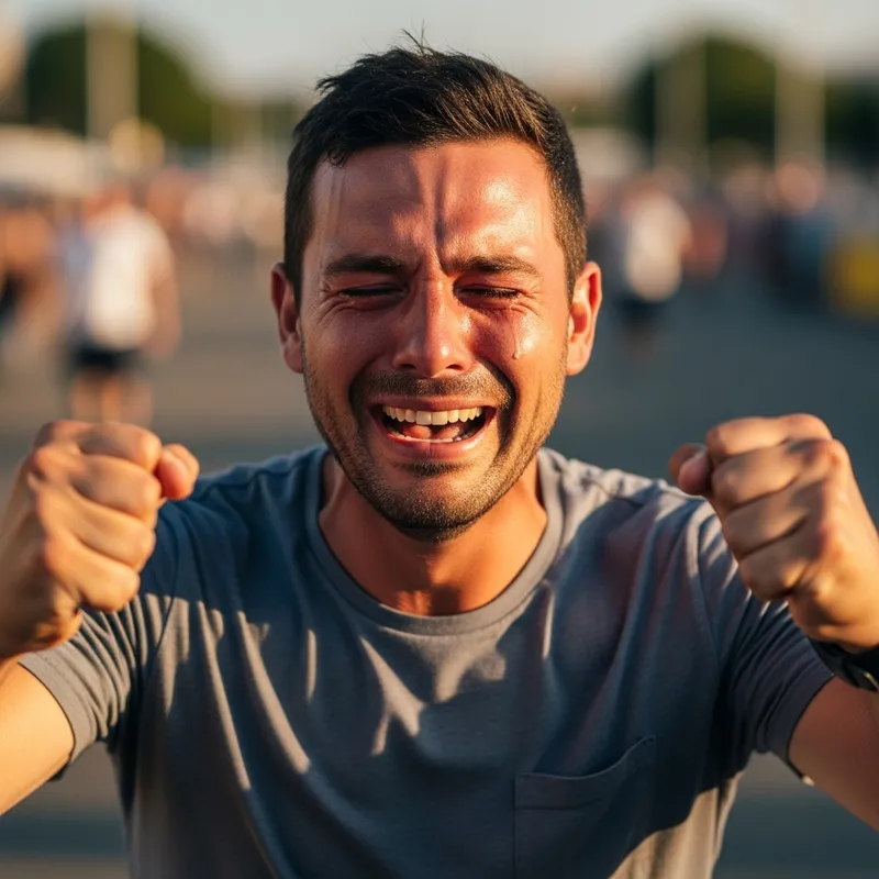 Man Walking and Cheering with Emotion