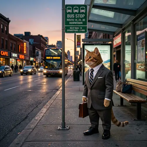 Sophisticated Cat Waiting at City Bus Stop