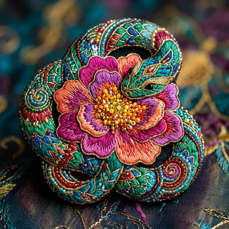 Intricate Serpent & Flower Embroidery Art