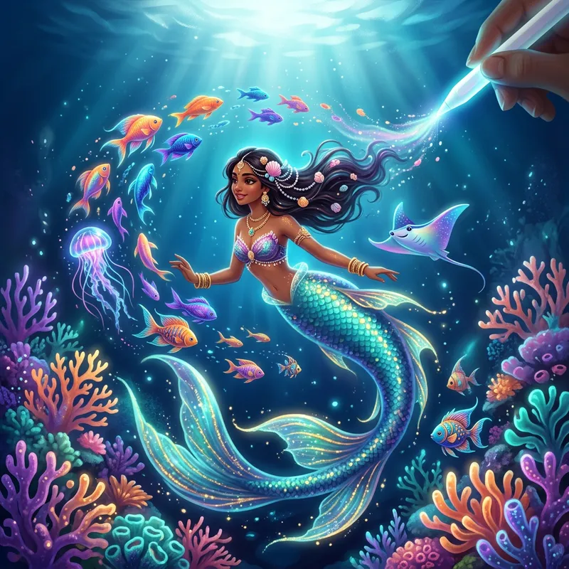 Fantasy-Inspired Underwater Scene with Mermaid and Colorful Sea Creatures Fantasy-Inspired Underwater Scene with Mermaid and Colorful Sea Creatures