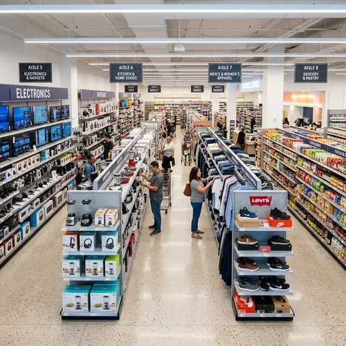 Well-Stocked Department Store Aisles with Apparel, Electronics, Homeware & Food Items