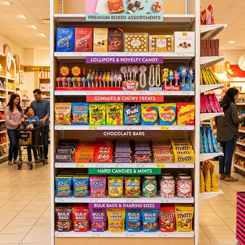 Colorful Candy Display at Vertical Department Store Shelving