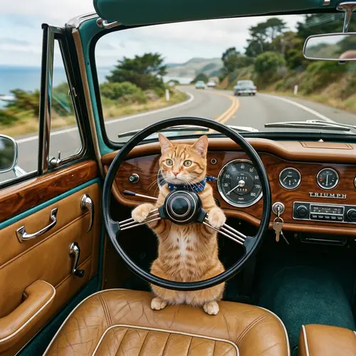 Adorable Cat Driving Vintage Turquoise Car