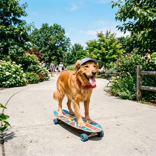 Playful Dog Skateboarding Adventure Under Sunny Blue Sky