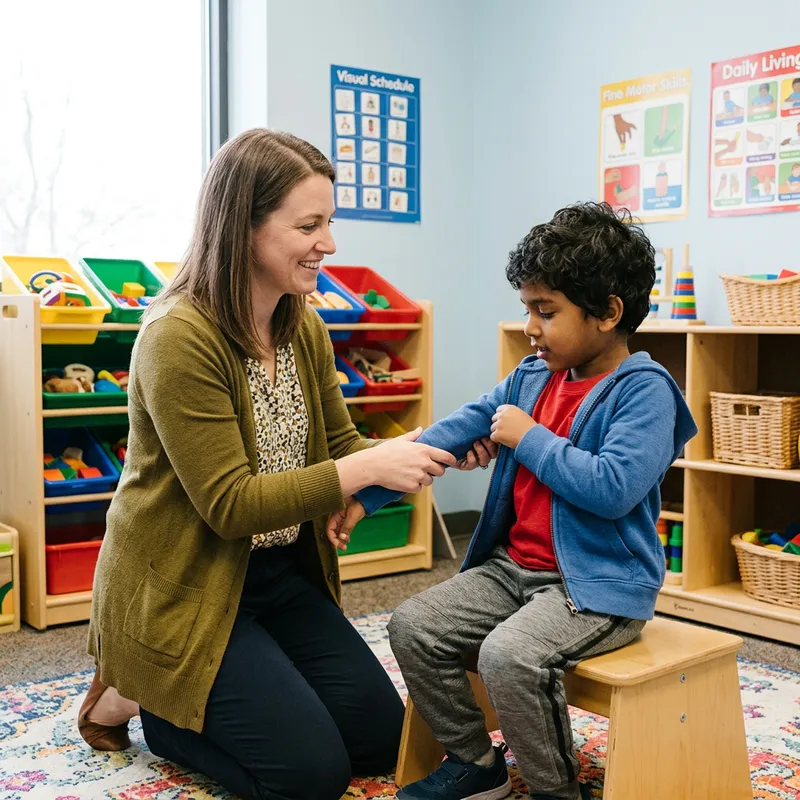 Therapist Assisting South Asian Boy in Dressing Therapist Assisting South Asian Boy in Dressing