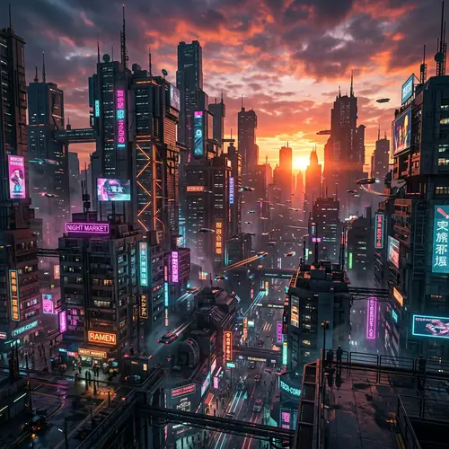 Futuristic Cyberpunk Cityscape at Vibrant Sunset
