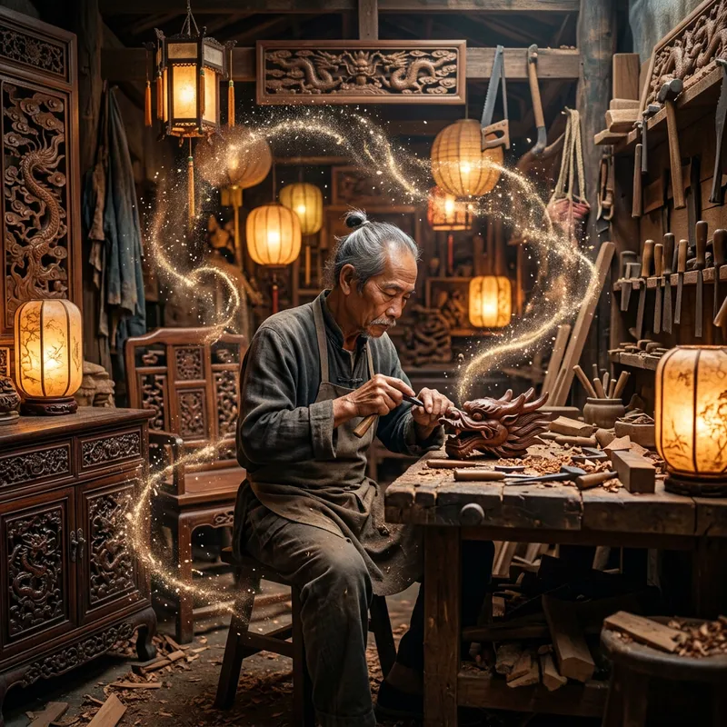 Chinese Carpenter in Enchanted Woodworking Scene