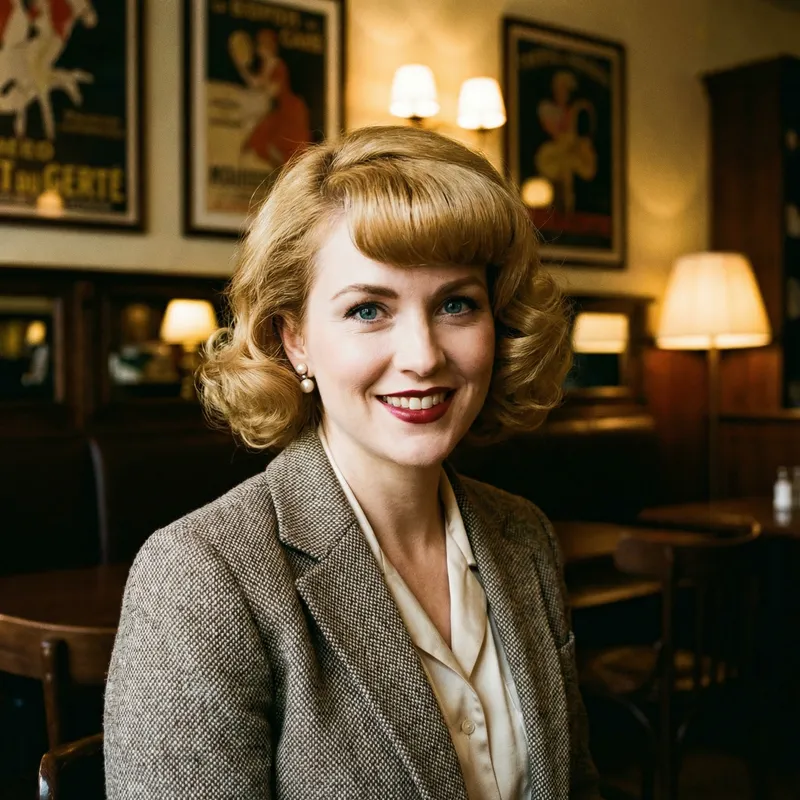 Elegant Blonde Woman with Chic Fringe & Striking Blue Eyes