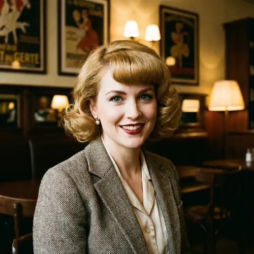 Stylish Blonde Woman with Vintage Vibe | Chic Fringe & Blue Eyes