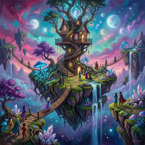 Surreal Dreamscape: Enchanting Treehouse on Floating Island