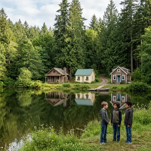 Tranquil Forest Scene with Charming Houses and Diverse Group of Boys