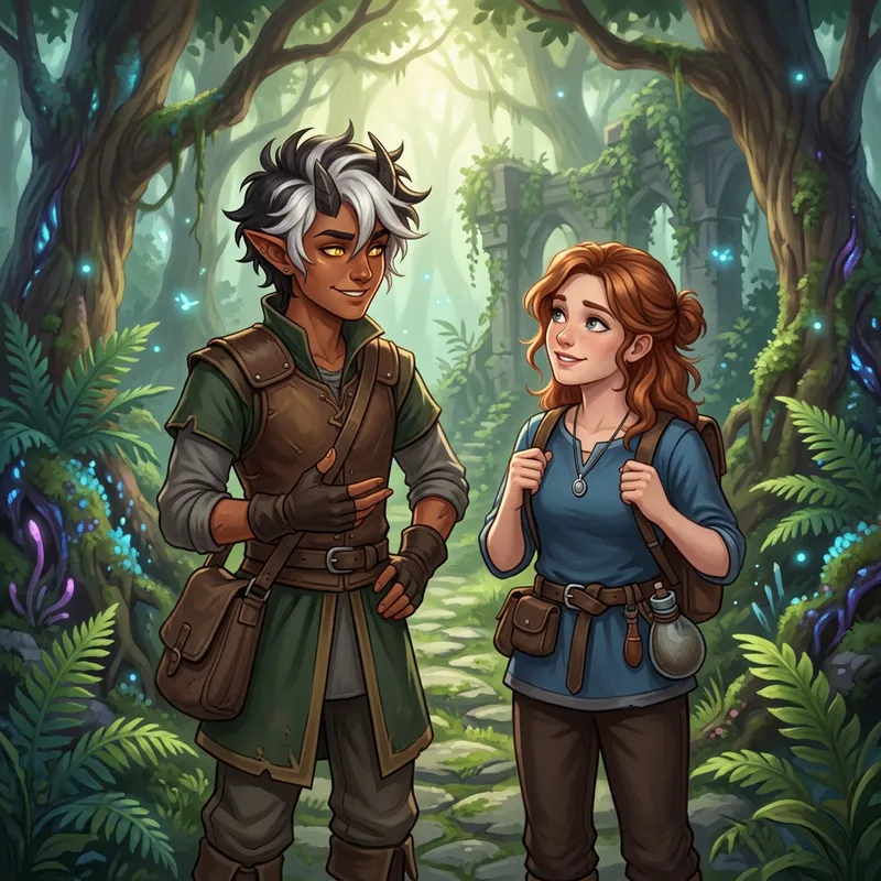 Brown Skin Demon Boy & Black White Hair Girl - Fantasy Friendship