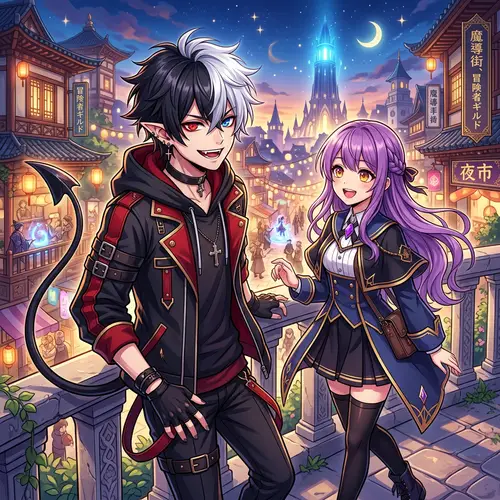 Demon Anime Boy with Black & White Hair and Girlfriend