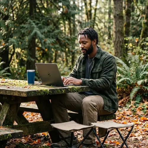Black Man Using Laptop in Forest - Nature Technology Connection
