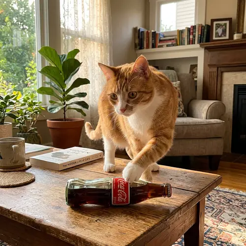 Orange and White Cat Curiously Interacting with Coca Cola